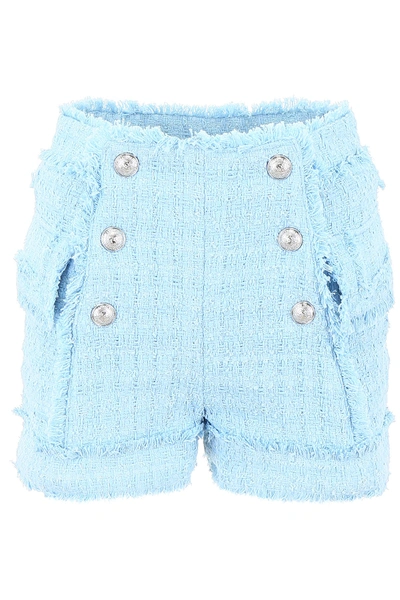 Shop Balmain Embellished Tweed Shorts In Blue