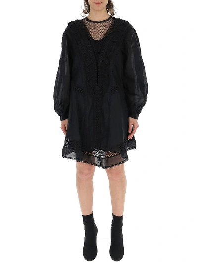 Shop Isabel Marant Lace Insert Sheer Flared Dress In Black
