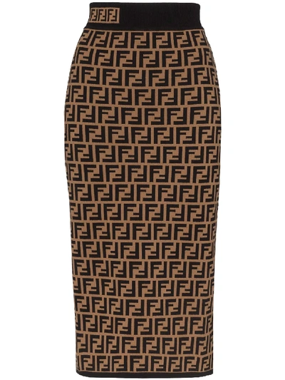 Shop Fendi Ff Logo Intarsia Knitted Pencil Skirt - Brown