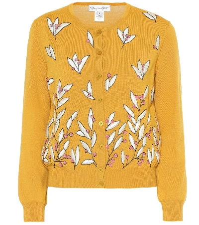 Shop Oscar De La Renta Embroidered Wool Cardigan In Yellow