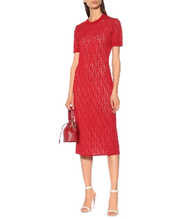 Shop Fendi Cotton-blend Knit Midi Dress In Red