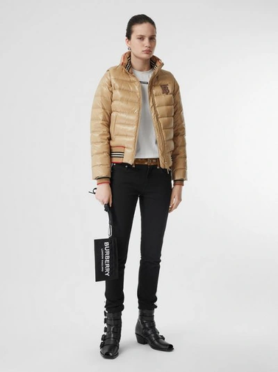 Shop Burberry Detachable Sleeve Icon Stripe Detail Puffer Jacket In Honey