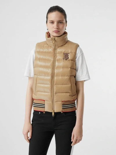 Shop Burberry Detachable Sleeve Icon Stripe Detail Puffer Jacket In Honey