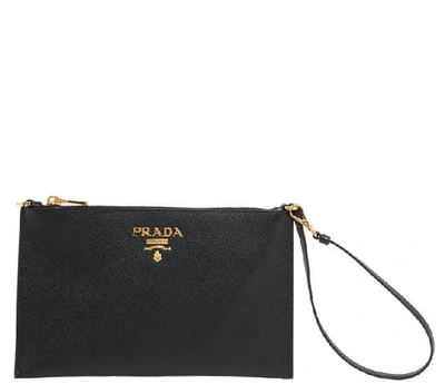 Shop Prada Logo Zipped Clutch Bag In Black