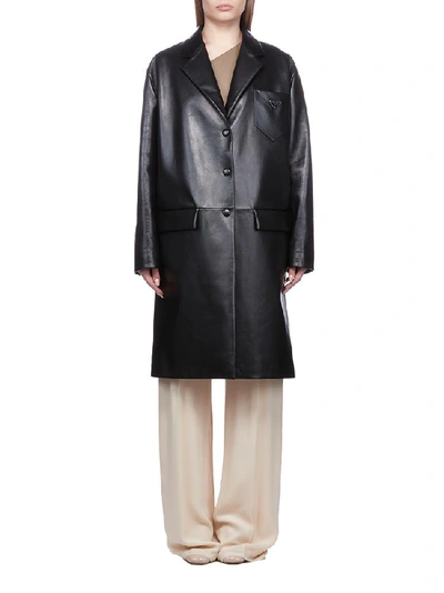 Shop Prada Buttoned Trench Coat In Black