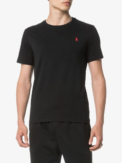 Shop Polo Ralph Lauren Black Embroidered Logo Cotton T-shirt In Schwarz