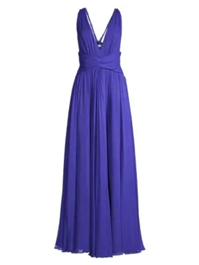 Shop Amur Cassandra Silk Deep-v Gown In Blue Purple