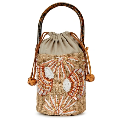 Shop Aranaz Tara Beaded Raffia Bucket Bag In Natural