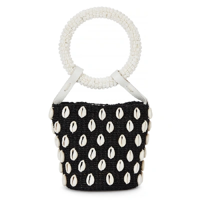 Shop Aranaz Kaia Mini Black Shell-embellished Raffia Bucket Bag