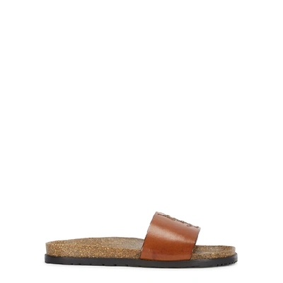 Shop Saint Laurent Jimmy Brown Logo Leather Sliders