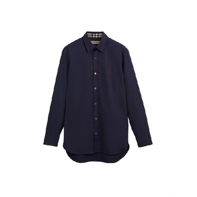 Shop Burberry Contrast Button Stretch Cotton Shirt In Navy