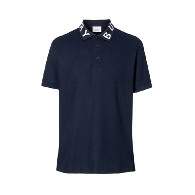 Shop Burberry Logo Intarsia Cotton Pique Polo Shirt In Navy