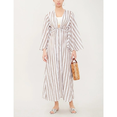 Shop Alexandra Miro Betty Flared-sleeve Striped Cotton Midi Dress In Mink Stripe