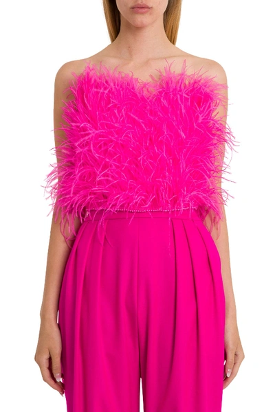 Shop Attico Feathers Bustier Top With Embroiderd Beads In Fucsia
