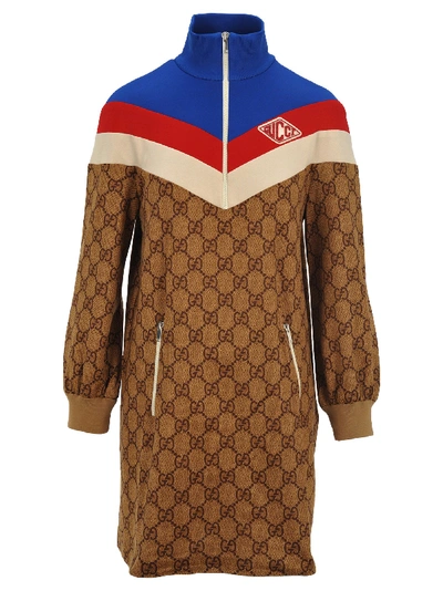 Shop Gucci Gg Technical Jersey Dress In Vintage Camel Multicolor