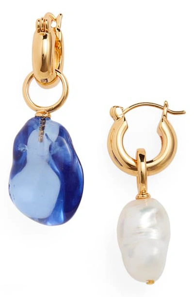 Shop Lizzie Fortunato Island Mismatched Drop Earrings In Blue/ Pearl/ Gold