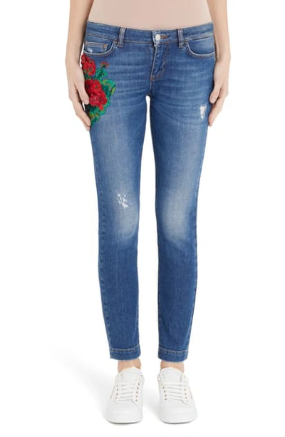 Shop Dolce & Gabbana Geranium Patch Skinny Jeans In Blue