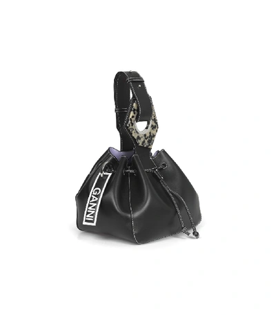 Shop Ganni Leather Small Drawstring Bag In Black