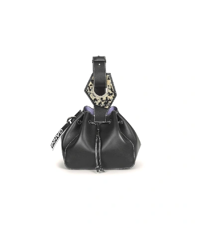 Shop Ganni Leather Small Drawstring Bag In Black
