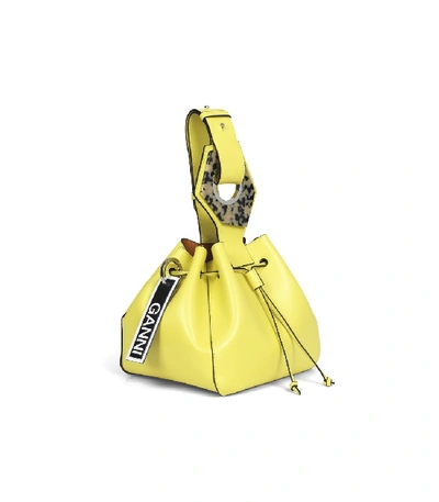 Shop Ganni Leather Small Drawstring Bag In Lemon Verbena In Yellow