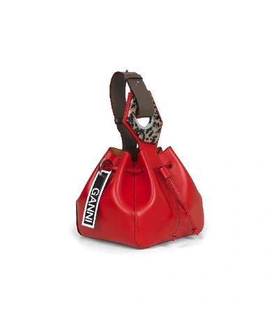 Shop Ganni Leather Small Drawstring Bag In Fiery Red