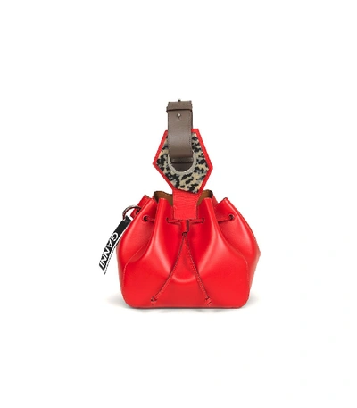 Shop Ganni Leather Small Drawstring Bag In Fiery Red