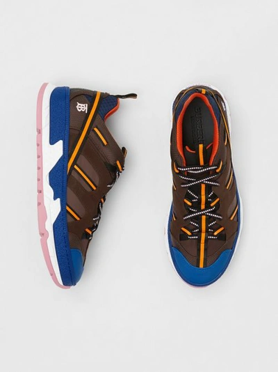 Shop Burberry Nylon And Mesh Union Sneakers In Coffee/blue