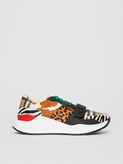Shop Burberry Animal Print And Vintage Check Sneakers In Archive Beige