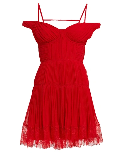Shop Self-portrait Pleated Chiffon Cold Shoulder Dress In Red-drk
