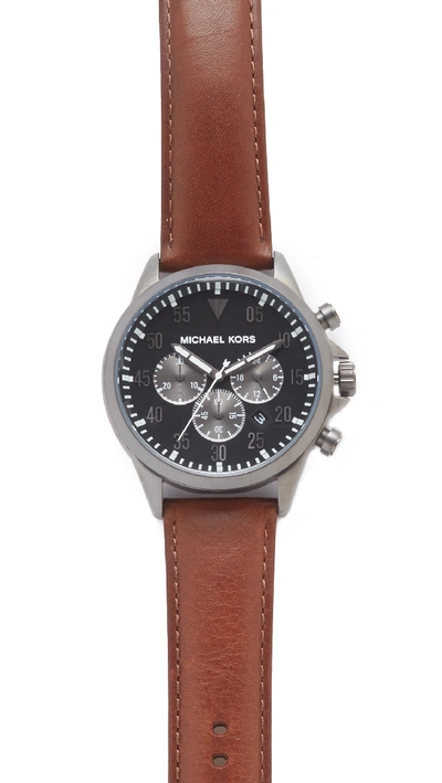 Shop Michael Kors Gage Leather Chronograph Watch In Gunmetal/black