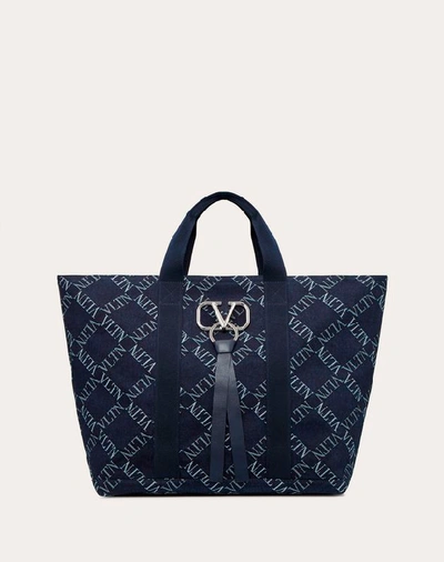 Shop Valentino Garavani Uomo Vring Large Denim Tote With Vltn Grid Logo In Dark Blue