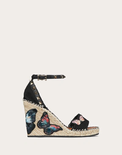 Shop Valentino Garavani Embroidered Butterfly Canvas Wedge Sandal 105 Mm In Black