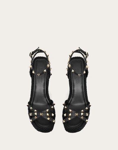 Shop Valentino Garavani Rockstud Calfskin Ankle Strap Wedge Sandal 95 Mm In Black