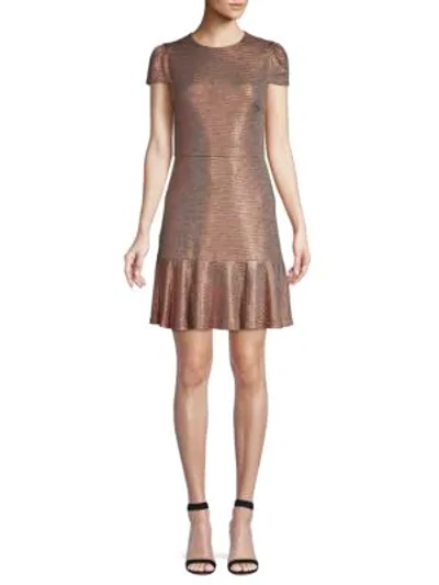 Shop Alice And Olivia Imani Metallic Fit-&-flare Dress In Rose Gold