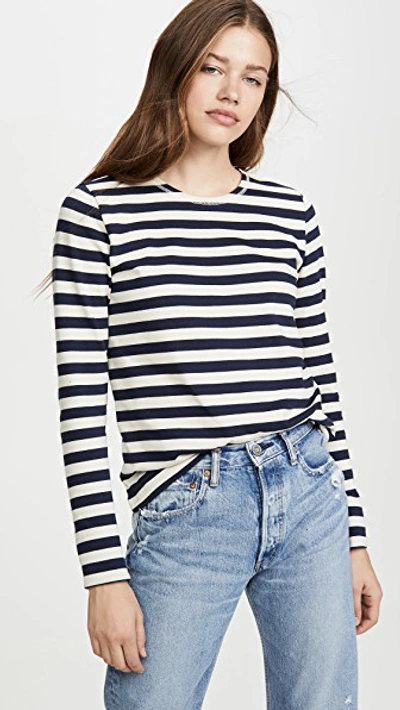 Shop Ganni Striped Cotton Jersey Tee In Nature/dress Blue