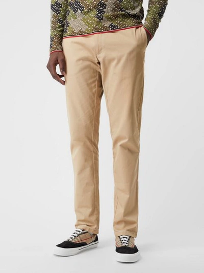 Shop Burberry Slim Fit Topstitch Detail Cotton Chinos In Honey