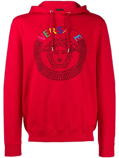 Shop Versace Embroidered Logo Hoodie In Red