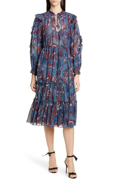 Shop Ulla Johnson Paola Ruffle Long Sleeve Midi Dress In Azul