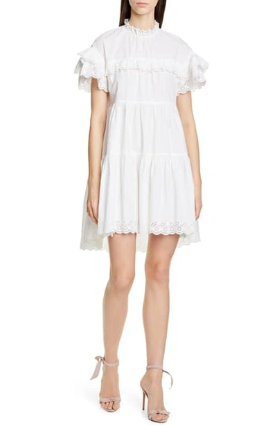 Shop Ulla Johnson Leonie Eyelet Trim Trapeze Dress In Blanc