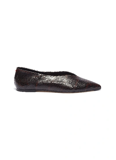 Shop Aeyde 'moa' Snake Embossed Choked-up Leather Flats In Chocolate / Snake-embossed