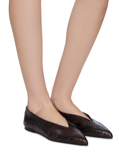 Shop Aeyde 'moa' Snake Embossed Choked-up Leather Flats In Chocolate / Snake-embossed