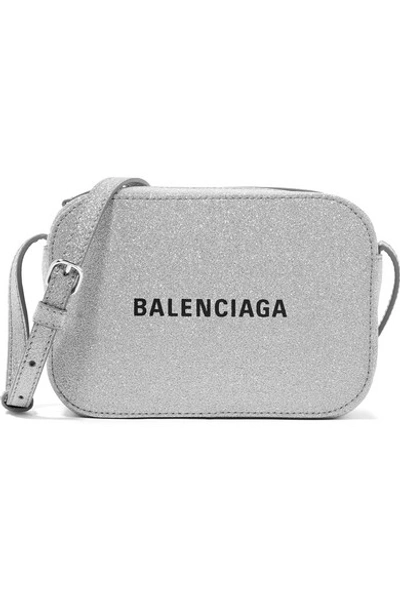 Shop Balenciaga Everyday Xs Aj Printed Glittered Leather Camera Bag In Silver