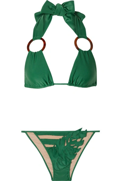 Shop Adriana Degreas + Cult Gaia Embellished Tulle-paneled Triangle Bikini In Green