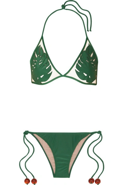 Shop Adriana Degreas + Cult Gaia Embellished Tulle-paneled Triangle Bikini In Green