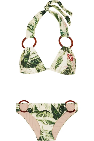 Shop Adriana Degreas Cult Gaia Ring-embellished Printed Halterneck Bikini In Green