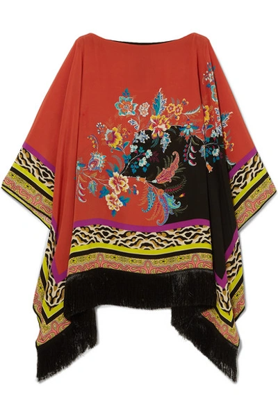 Shop Etro Fringed Printed Silk Poncho In Red