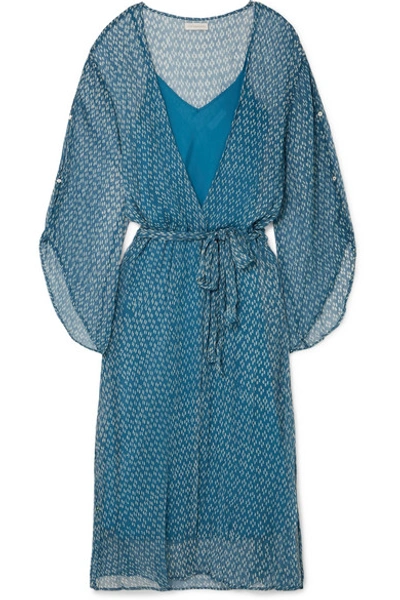 Shop Cloe Cassandro Fifi Belted Printed Silk-crepon Midi Dress In Blue