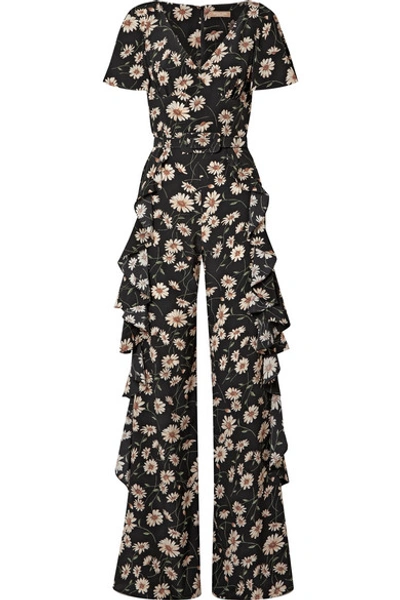 Shop Michael Kors Belted Ruffled Floral-print Silk Crepe De Chine Jumpsuit In Black