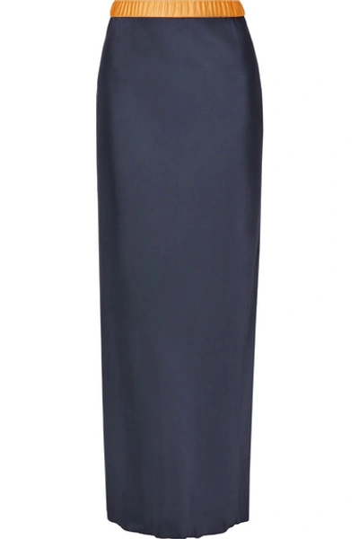 Shop Helmut Lang Tulle-trimmed Satin Maxi Skirt In Midnight Blue