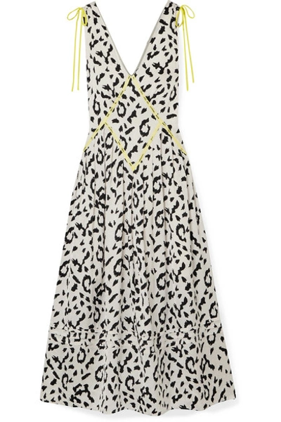 Shop Self-portrait Embroidered Leopard-print Satin-jacquard Midi Dress In Cream